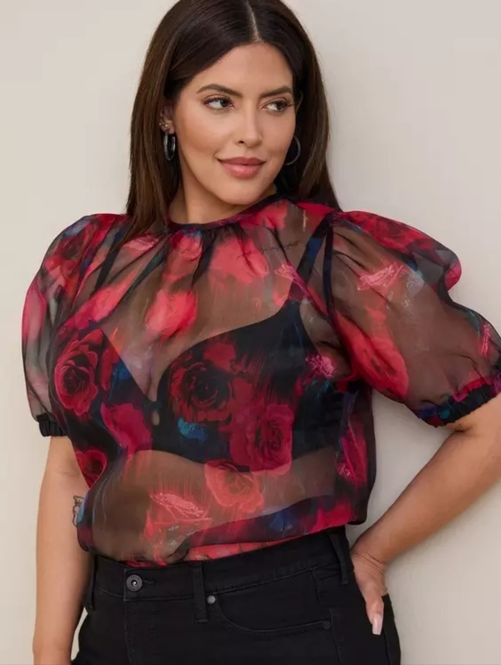 Torrid Size 2 Organza Puff Sleeve Top Black And Red